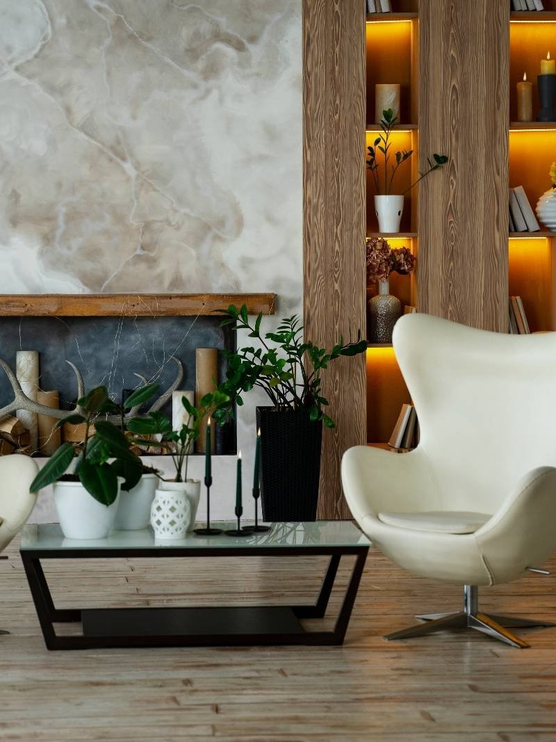 Warm, minimal living room interior designed by Zevon Space